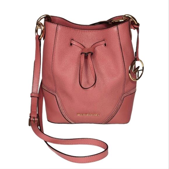 Michael Kors Dusty Pink Rose Pebbled Leather Bucket Crossbody Bag Valentine - Picture 1 of 16